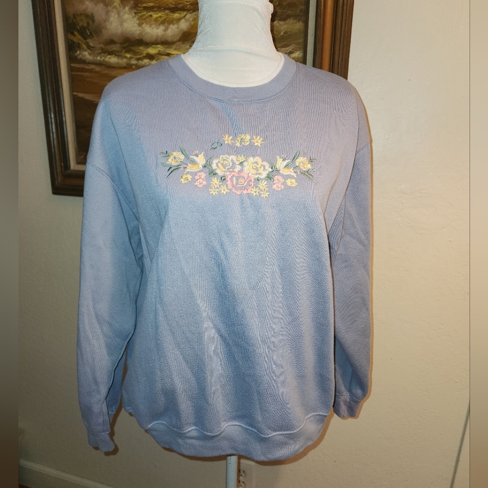 Vintage 1980s 1990s Cotton Flower Embroidered Pullover Sweatshirt